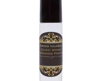 May include: A clear glass roll-on bottle with a black cap and a brown label that reads "Pamper Yourself Naked! Women Pheromone Perfume".