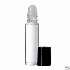 May include: A clear glass roller bottle with a black cap. The bottle is empty and ready to be filled with essential oils or perfume.