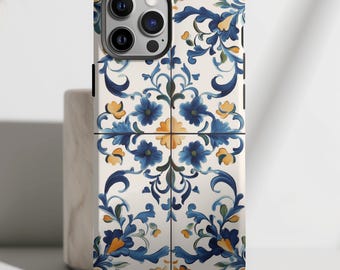 Azulejo in Porcelain Blue Ceramic Tile Aesthetic Tough Phone Case , iPhone 16, 15 Pixel 9, 8 Galaxy S25 S24 Portuguese Mediterranean Design