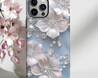 Funda resistente para teléfono con diseño floral azul para boda, para iPhone 16, 15, 14, 13, 12 Pro, Galaxy S25, S24, S23, S22, Pixel 9, 8, 7, elegante, con perlas y diamantes.