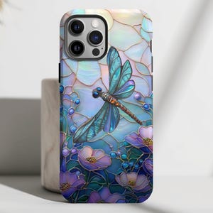 Custodia per telefono resistente in finto vetro colorato Dragonfly Garden, iPhone 16 15 14 13 12, Pro, Galaxy S25 S24 S23 S22, Pixel 9 8 7, floreale, fiori di campo