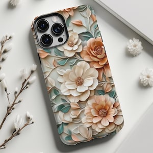 Sage Green Terracotta 3D Boho Floral Tough Phone Case, iPhone 16 15 14 13 12, Pro, Galaxy S24 S23 S22, Pixel 9 8 7, Neutral Nature Design