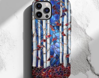 Autumn Birch Trees Faux Stained Glass Tough Phone Case, iPhone 16 15 14 13 12, Galaxy S24 S23 S22, Pixel 9, 8, 7