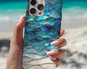 Beach Escapes Faux Buntglas Ästhetisch Robuste Handyhülle für iPhone, Galaxy und Pixel-Handys, Blau, Perfektes Geschenk für Sie, Ozean Szene