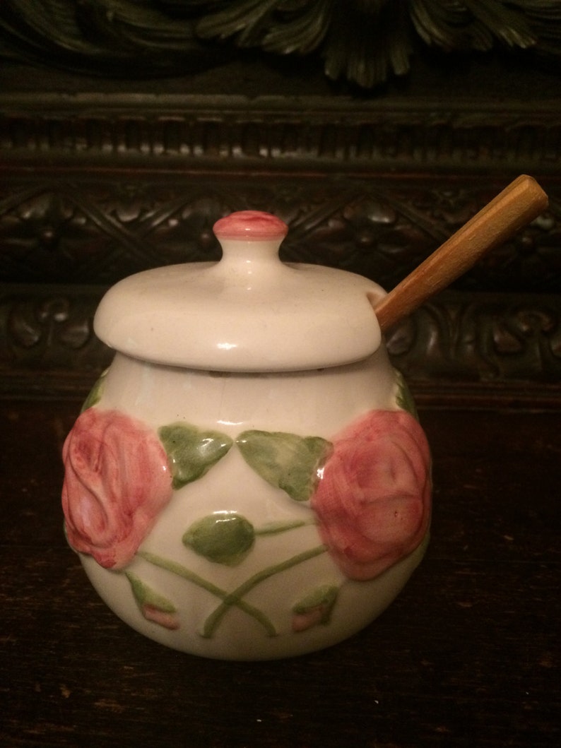 Preserve Jar with Wooden Spoon White with Pink and Green Etsy