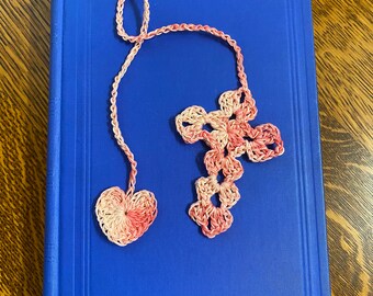 Crochet Cross Bookmark with Heart - Handmade Cotton Religious Gift