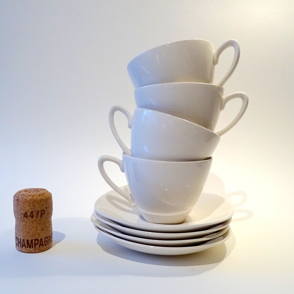 Set of 4 White MIDWINTER Stylecraft Demi-Tasse Coffee Cups & Saucers...1950s FASHION Shape.