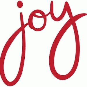 May include: A red cursive word "joy" with a stylized font.