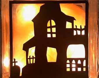 Haunted House / Happy Halloween -  2 Sided Lighted Glass Block