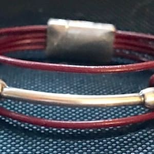 Leather Silver Bar Bracelet - Burgundy Color