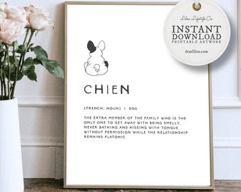 Chien | Black and White | Dog Wall Art | Pet Print | Dictionary Art | Dog Lovers Gift | Dog Printable Art | Definition Meaning