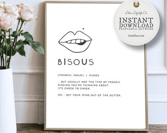 Bisous | Couples Gift | Wall Decor | Typography | Printable Quotes | Downloadable Prints | Black And White Art | Anniversary Gift