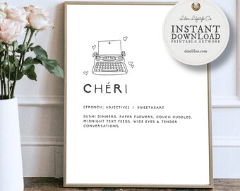 Cheri | French Decor | Anniversary Gift | Wall Decor | Couples Gift | Downloadable Prints | Engagement Gift | Printable Art | Digital Prints