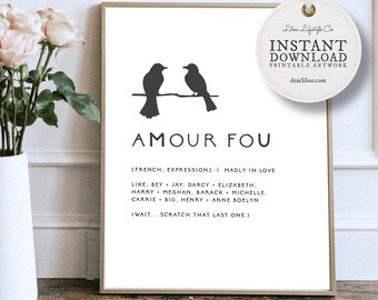 Amour Fou | Digital Art | Francophile Gift | Valentines Day Gift | Printable Quotes | Black And White Art | Funny Posters | Art Print