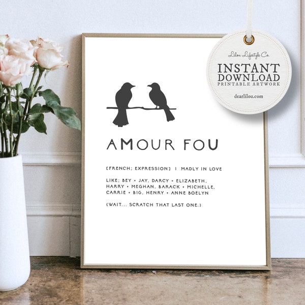 Amour Fou | Digital Art | Francophile Gift | Valentines Day Gift | Printable Quotes | Black And White Art | Funny Posters | Art Print