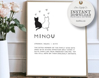 Minou | Pet Lovers Gift | Cat Printable Art | French Country | Dictionary Art | Pet Print | Cat Lovers Gift | Bathroom Decor | Pet Wall Art