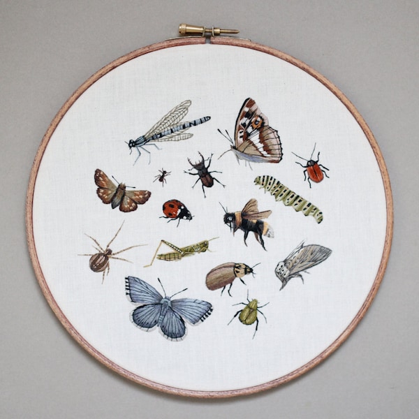 Embroidered Assortment of British Insects Hoop Art 9"