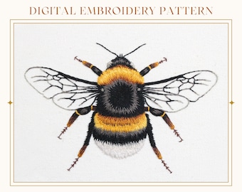 May include: Embroidered bumble bee design, featuring black, yellow, and white thread. The bee has detailed wings and a fuzzy body. This digital embroidery pattern is perfect for adding a touch of nature to your projects.