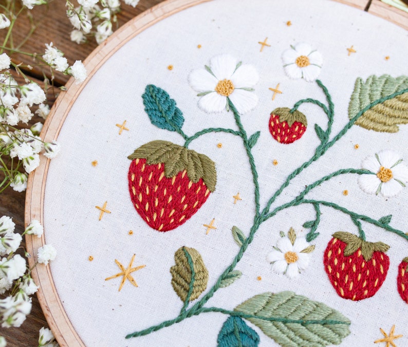 Strawberries: Beginners Hand Embroidery Pattern. Thread Painting Tutorial. PDF Digital Guide. Paint With Thread. Strawberry Hoop Art image 4
