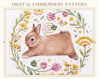 Lucky Bunny : motif de broderie à la main avancé. Tutoriel de peinture de fil. Guide numérique PDF. Peindre avec du fil. Cerceau de lapin Art. Cottagecore