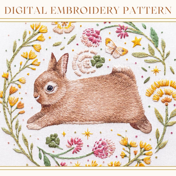 Lucky Bunny: geavanceerd handborduurpatroon. Zelfstudie draad schilderen. Digitale pdf-gids. Verf Met Draad. Konijn hoepel kunst. Cottagecore