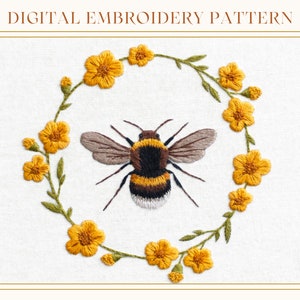 Sweet Bee & Floral Wreath: Hand Embroidery Pattern. Digital Download. Beginners Thread Painting Tutorial. Paint With Thread. Hoop Art