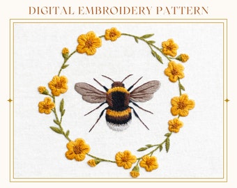 Sweet Bee & Floral Wreath: Hand Embroidery Pattern. Digital Download. Beginners Thread Painting Tutorial. Paint With Thread. Hoop Art