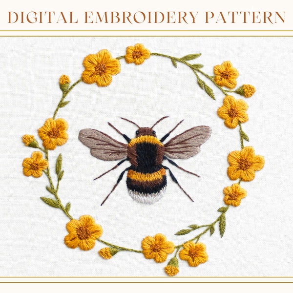 Sweet Bee & Floral Wreath: Hand Embroidery Pattern. Digital Download. Beginners Thread Painting Tutorial. Paint With Thread. Hoop Art