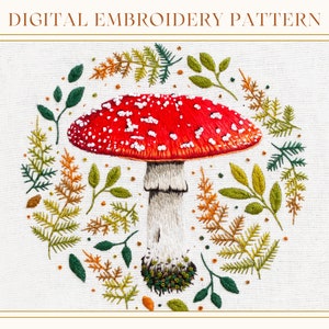 Mushroom: Hand Embroidery Pattern, Needlepainting Tutorial, Instant Download, Paint With Thread, Mushroom Embroidery Pattern, Fly Agaric
