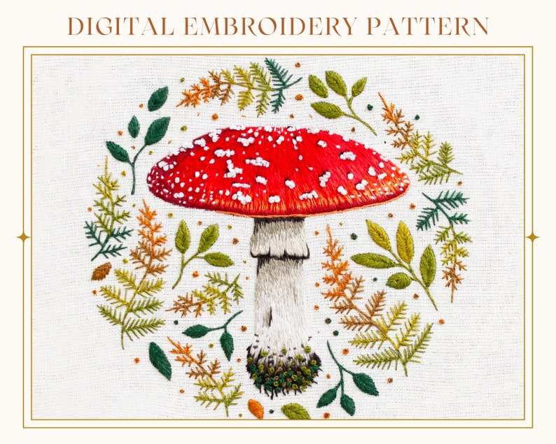 Mushroom: Hand Embroidery Pattern, Needlepainting Tutorial, Instant Download, Paint With Thread, Mushroom Embroidery Pattern, Fly Agaric image 1