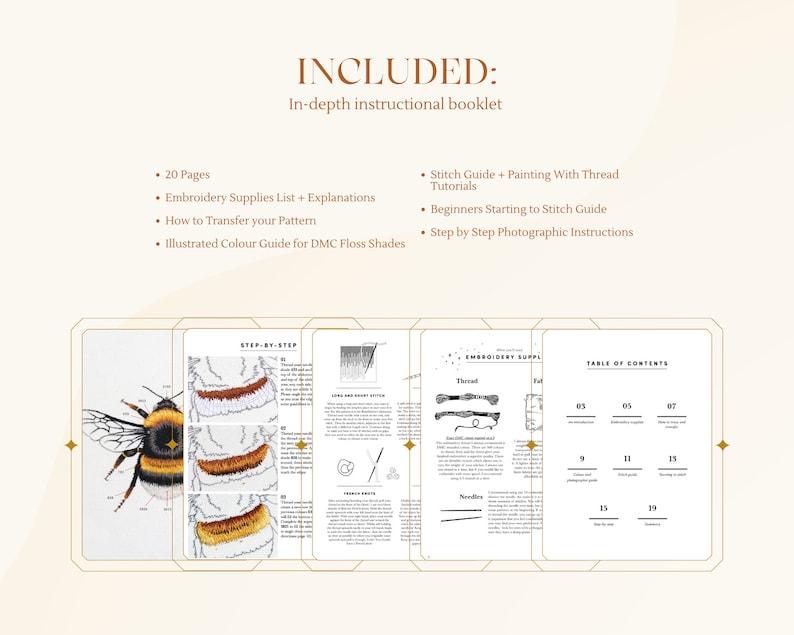 Abeille : motif de broderie à la main. Tutoriel de peinture de fil. Guide de broderie numérique PDF. Peindre avec du fil. Art de cerceau de bourdon image 3