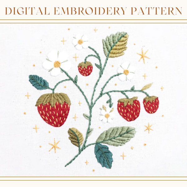 Aardbeien: Handborduurpatroon voor beginners. Handleiding voor het schilderen van garen. Digitale pdf-gids. Verf Met Draad. Aardbeienhoepel Art