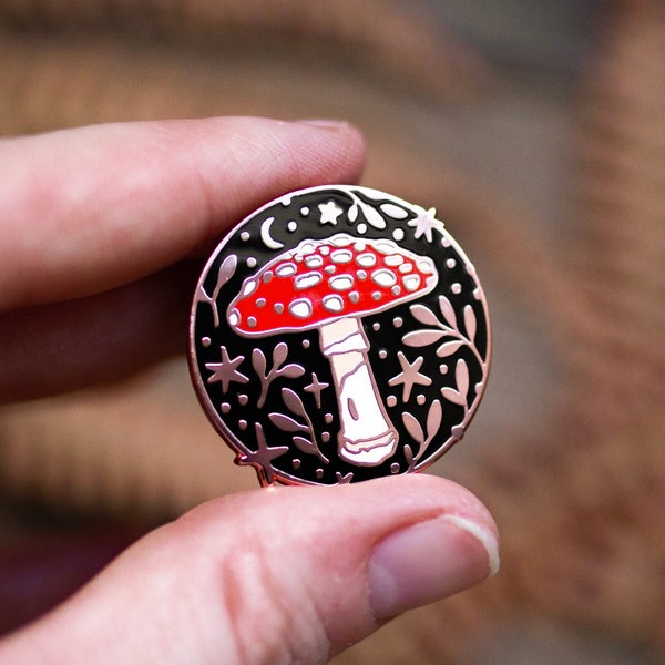 Seconds B Grade, Mushroom Enamel Pin, Cottagecore Toadstool Badge, Talisman, Fly Agaric pin, by Emillie Ferris