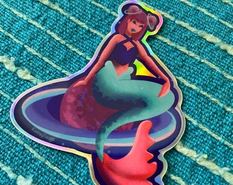 Alien Saturn Space Mermaid - Holographic Sticker - Waterproof