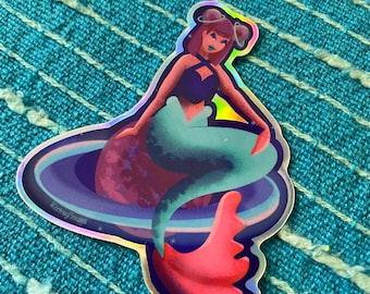 Alien Saturn Space Mermaid - Holographic Sticker - Waterproof