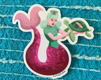 Retro Nurse Mermaid with Cute Sea Turtle - Vinyl Sticker- Waterproof