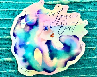 Space Out Holographic Girl with Saturn Space Hair Buns - Vinyl Sticker - Waterproof