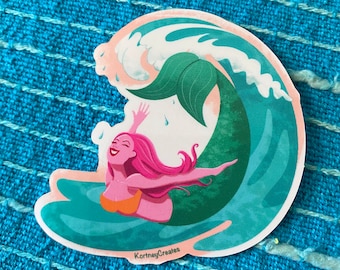 Tsunami Surfing Mermaid - Wave - Vinyl Sticker - Waterproof