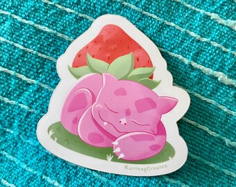 Strawbasaur - Bulbasaur - Glossy Vinyl Sticker - Waterproof