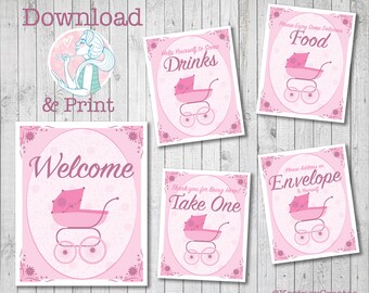 5 Download and Print Files / Vintage Carriage / Baby Shower / Pink