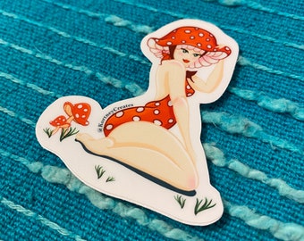 Pinup Mushroom Cutie - Vintage - Swimsuit - Vinyl Sticker - Waterproof