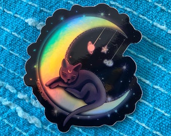 Cute Holographic Cat Kawaii Crescent Moon Galaxy  - Vinyl Sticker - Waterproof