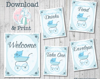 5 Download and Print Files / Vintage Carriage / Baby Shower / Blue