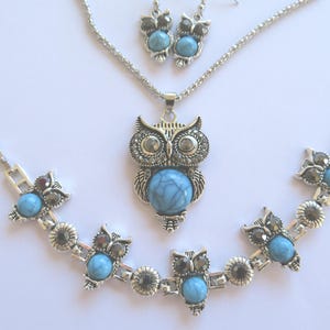 Jewellery Set-OWL-Childs bracelet,pendant and Earrings-Turquoise gemstones  in &#39;silver&#39;-Owl-26 inch &#39;silver&#39; necklace-quartz crystals- gift