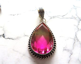 Pendant-Tourmaline-Pink teardrop faceted Gemstone -925 silver jewellery -with fancy edging-gift- free silver necklace