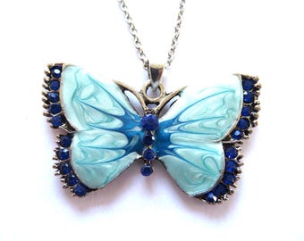 Pale blue Vintage enamel butterfly-16 inches silver necklace-gift