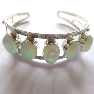 Bracelet-Cuff-silver Opalite bracelet-milky-5 oval gemstones- 925 Sterling Silver -Gift-adjustable
