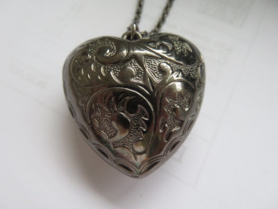 Heart-925 Silver Vintage puffy Art Deco Antique-c… - image 1