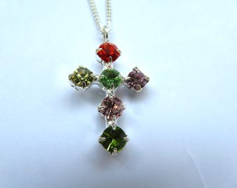 CROSS-  small multicoloured gemstones-silver plated cross - pendant-6 different coloured gems -18 inch trace Chain-Gift for her
