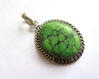 Handmade Copper Green Turquoise Pendant: Silver Plated Necklace